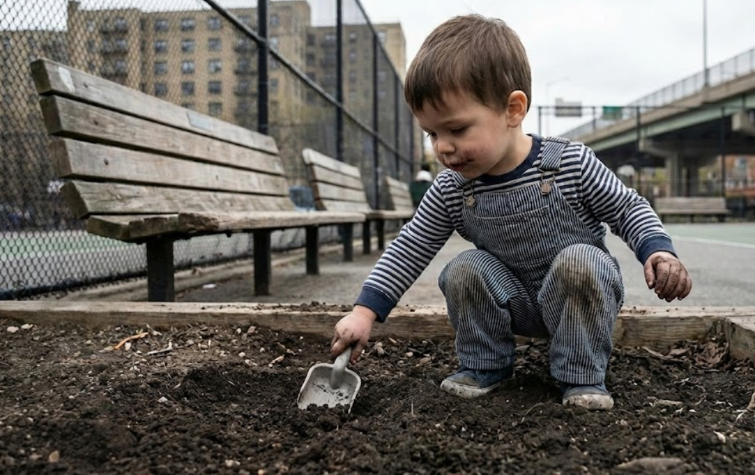 Child playing in urban soil, exposing them to potential heavy metal contamination and related health risks.