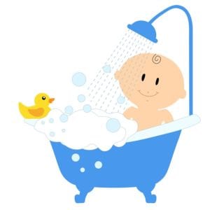 cute graphic of smiling baby in bathtub