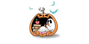 jack o lantern with a ghost reading books inside of its smile