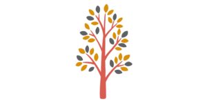 Simple line drawing of a tree with orange trunk and branches, and yellow and grey leaves.
