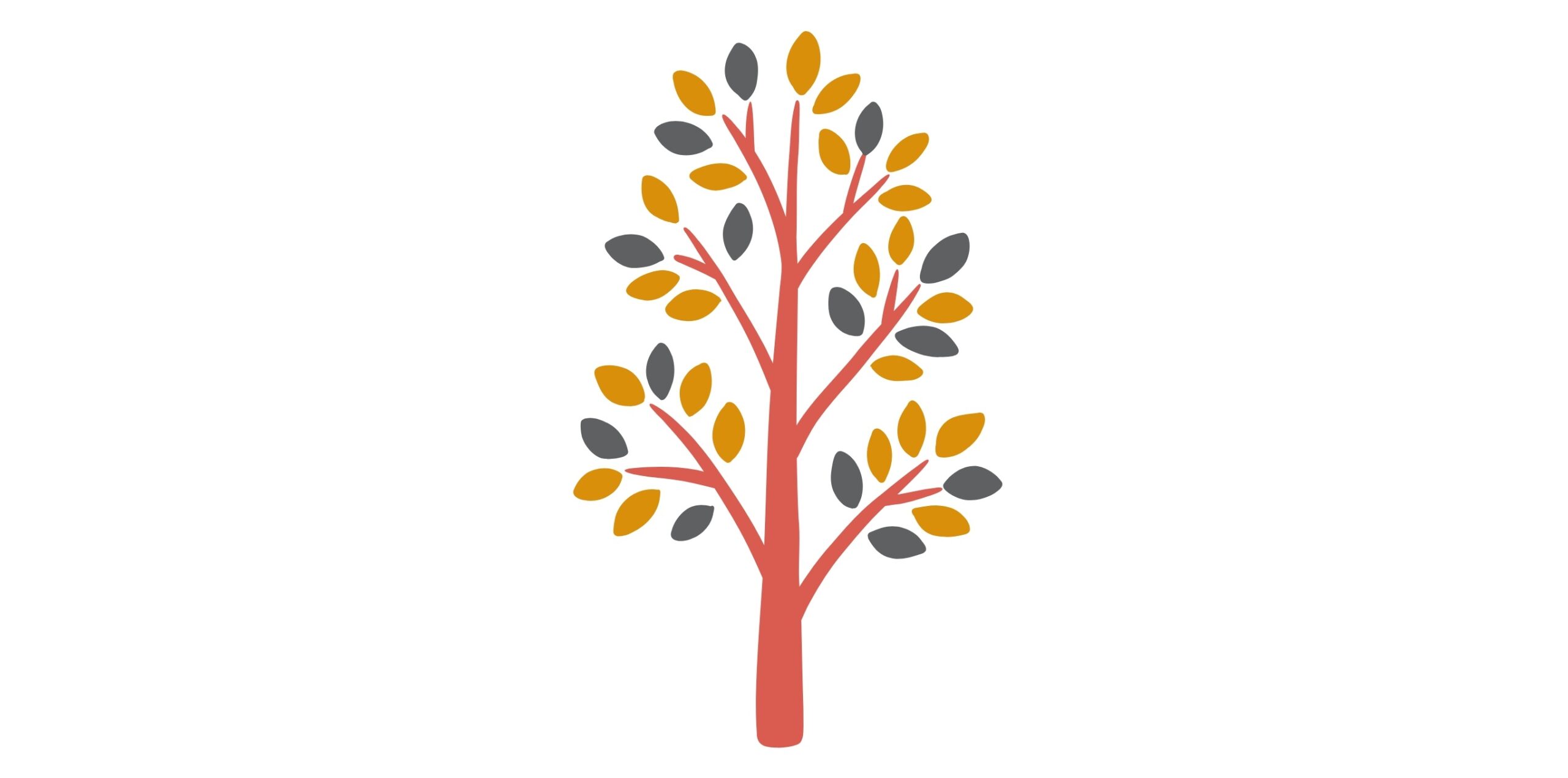 Simple line drawing of a tree with orange trunk and branches, and yellow and grey leaves.