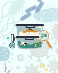 Illustration of two stacked food containers with spoiled food inside, surrounded by enlarged bacteria and viruses. A thermometer with a snowflake symbol suggests refrigeration, and a magnifying glass shows harmful microbes with a “no” sign, highlighting food safety and the risks of bacterial contamination.