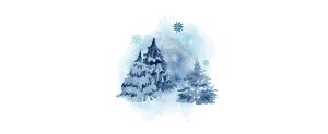 blue pine trees and snowflakes