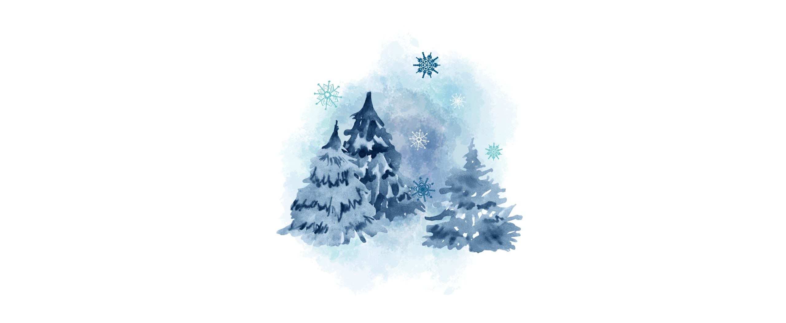 blue pine trees and snowflakes